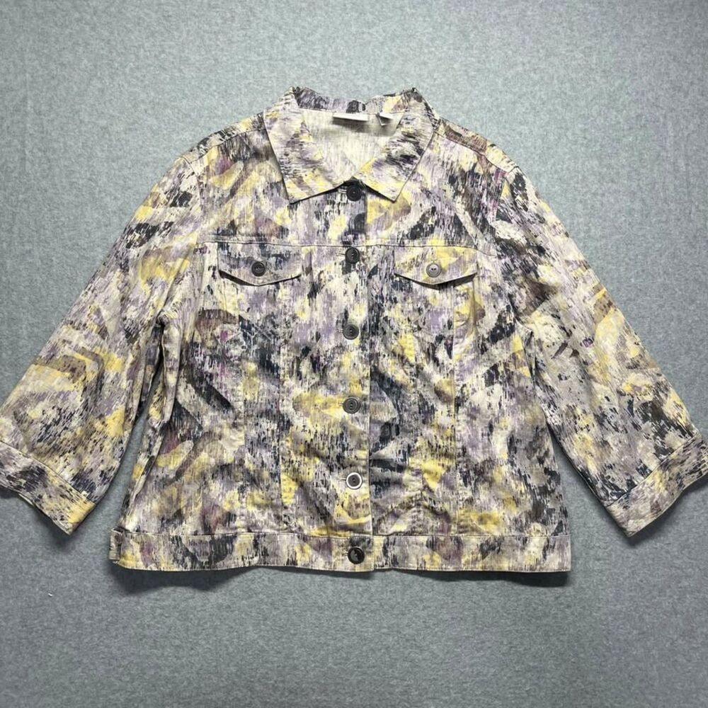 Chico’s Abstract Print Button-Front Jacket Size 3/XL Yellow Gray Purple Print
